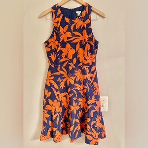 J. CREW Blue and Orange Floral Flare Dress Size 2- EUC